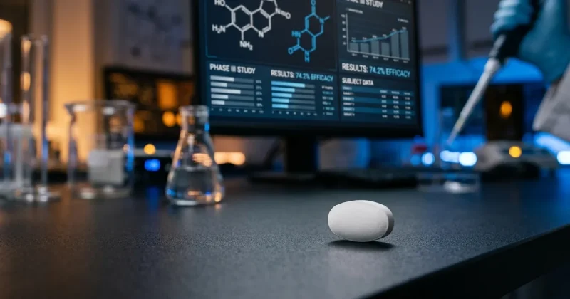 A single white pill on a dark laboratory bench with Phase III clinical trial data and molecular diagrams displayed on a monitor behind it