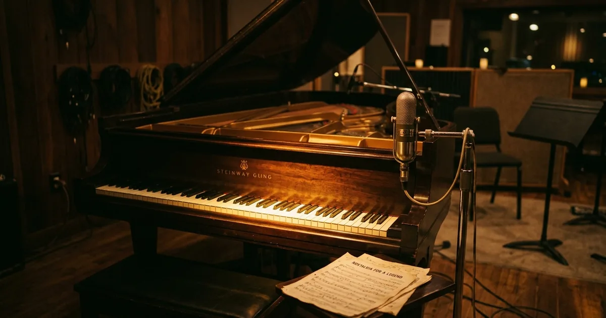 Grand piano with sheet music and vintage microphone in warmly lit recording studio