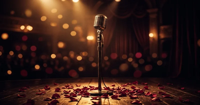 Vintage microphone on stage surrounded by rose petals under golden spotlight