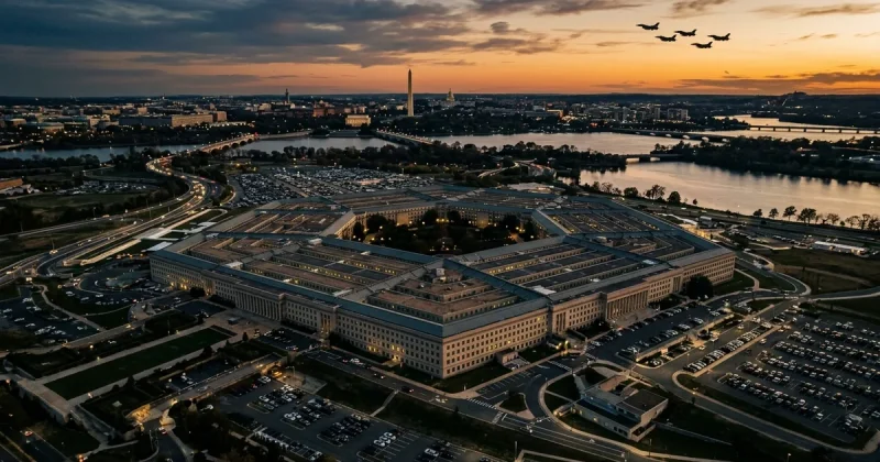 Aerial view of the Pentagon building at dusk with military aircraft silhouettes in the sky