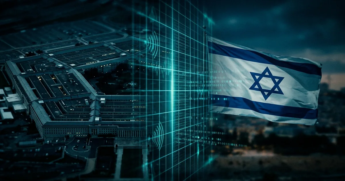 Pentagon building and Israeli flag separated by a digital surveillance grid