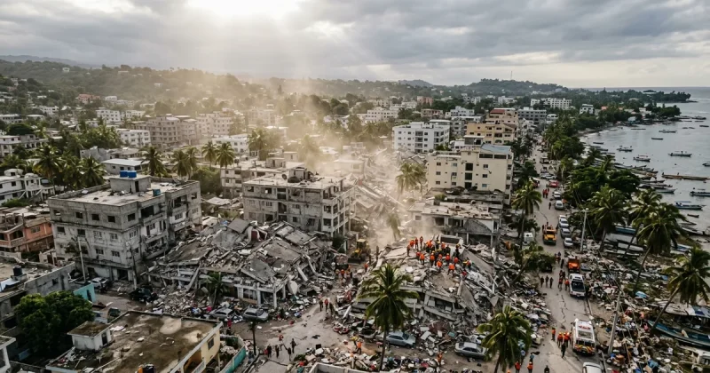 Aerial view of collapsed buildings and rescue workers in a tropical city after a major earthquake
