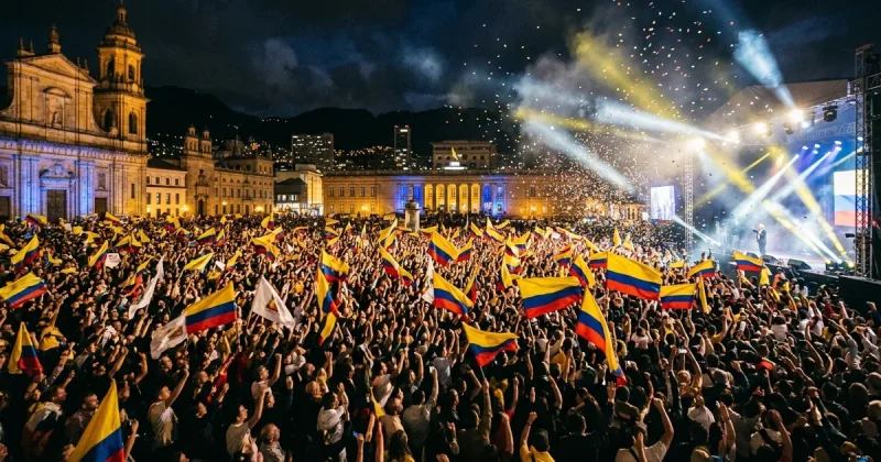 Massive nighttime political rally in Colombian city plaza with crowds waving Colombian flags and confetti filling the air