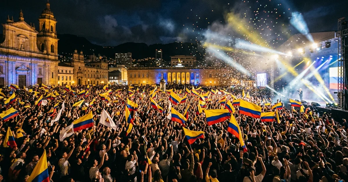 Massive nighttime political rally in Colombian city plaza with crowds waving Colombian flags and confetti filling the air