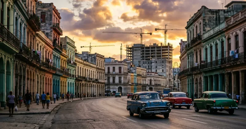 Havana boulevard at golden hour with vintage cars and construction cranes symbolizing economic transformation