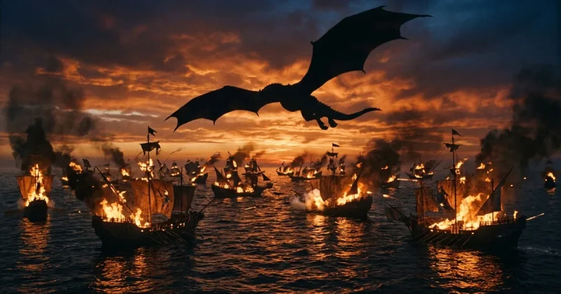 Massive dragon flying over a fleet of medieval warships engulfed in flames during an epic naval battle at dusk