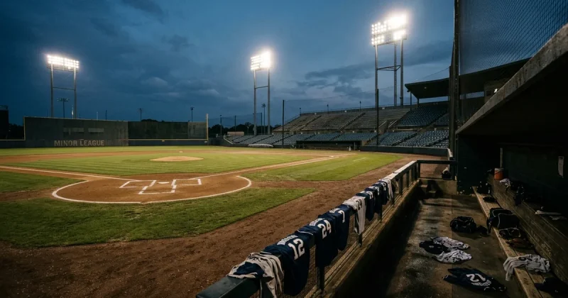 Empty minor league baseball diamond under stadium lights at dusk with jerseys draped in the dugout