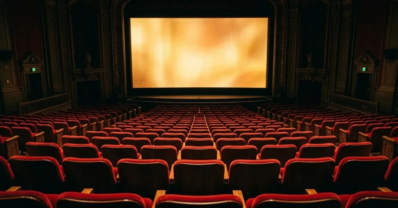 Empty movie theater with red velvet seats and glowing screen before a big premiere