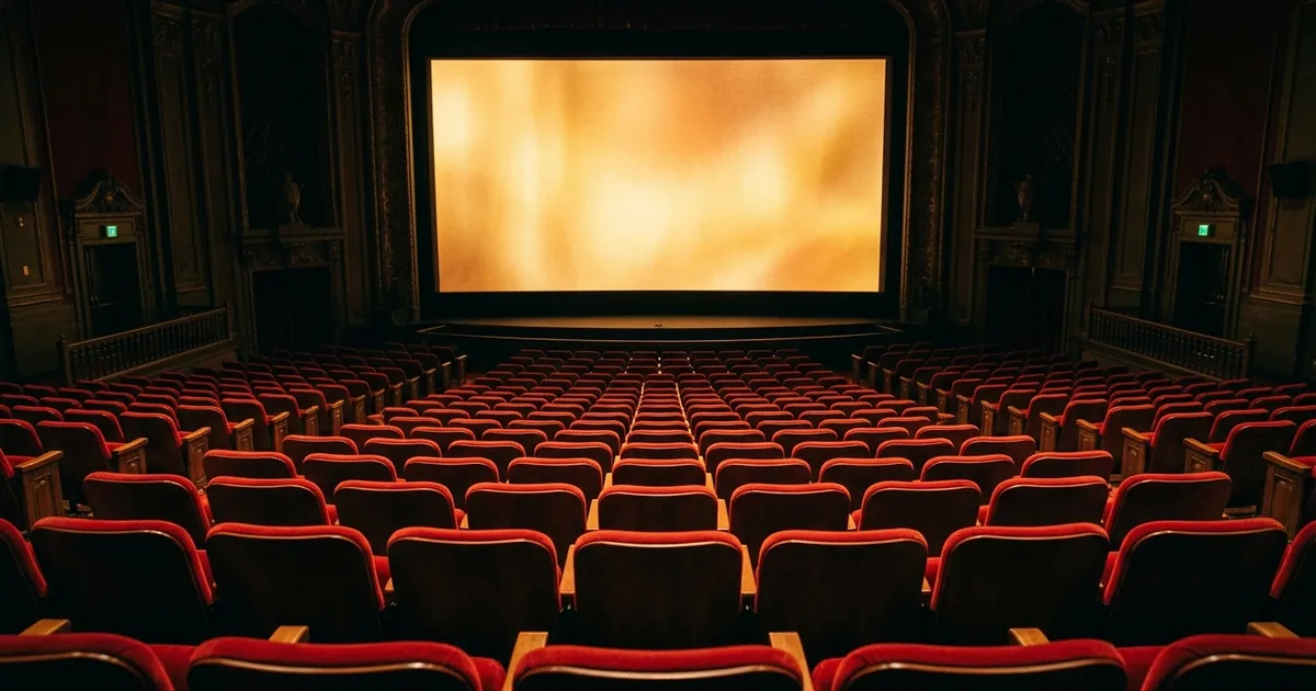 Empty movie theater with red velvet seats and glowing screen before a big premiere