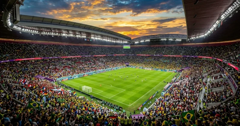 Aerial view of a packed football stadium during a World Cup match with dramatic sunset sky and colorful crowd