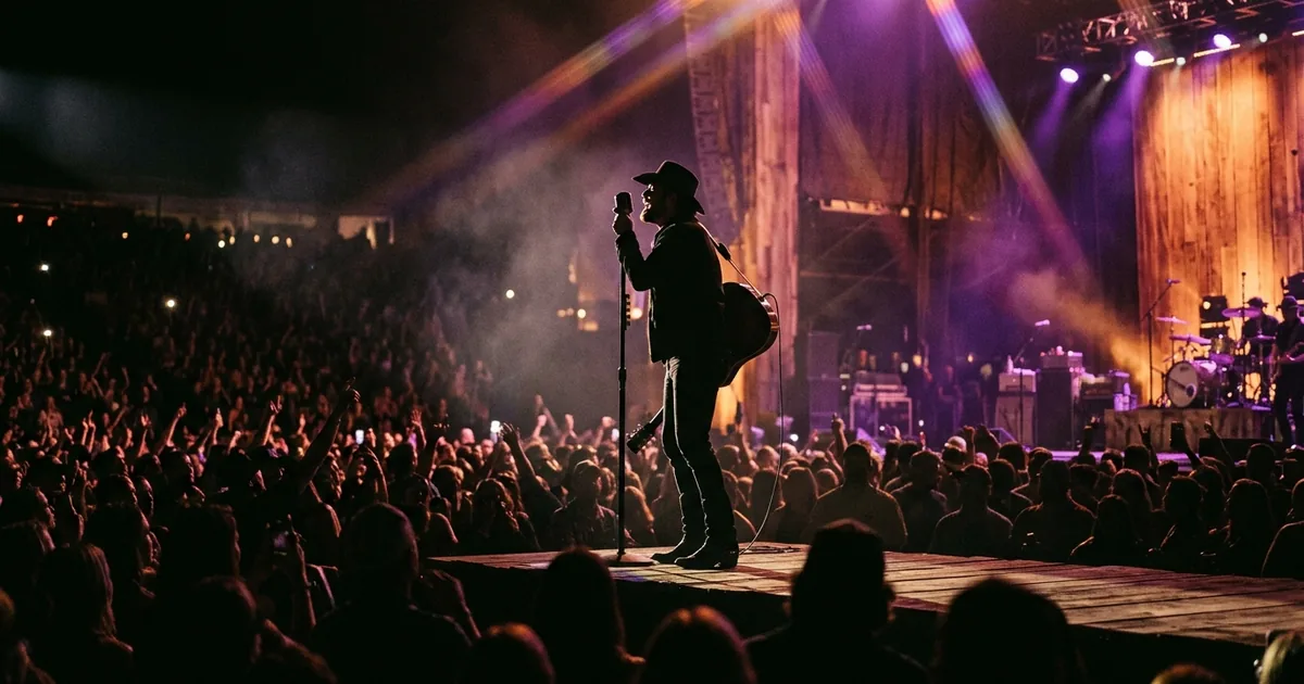 Silhouette of a country music performer on stage with purple and amber concert lighting and an energetic crowd