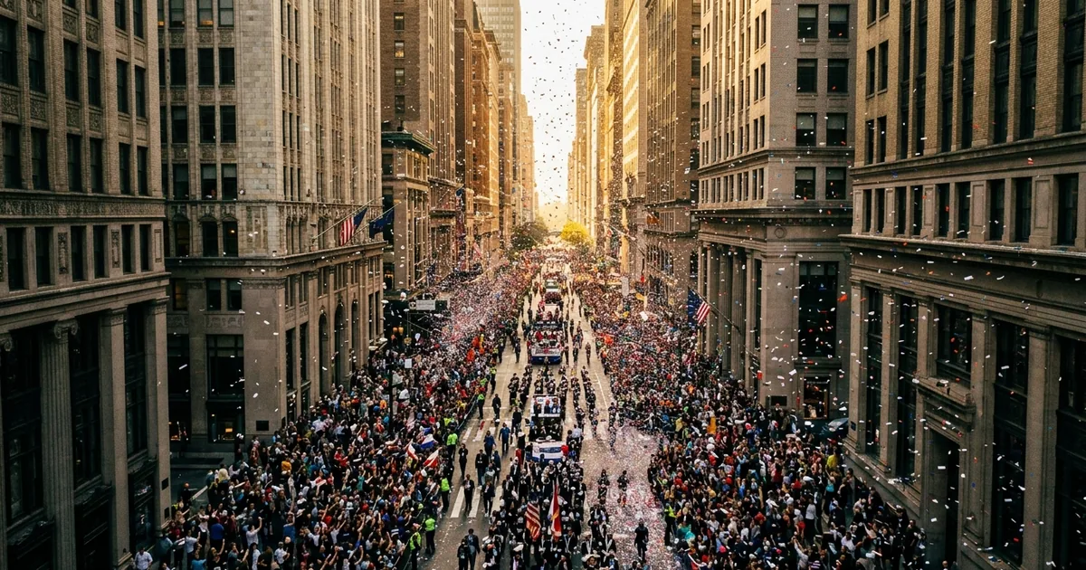 Aerial view of a ticker-tape parade through Lower Manhattan with confetti filling the air between tall buildings