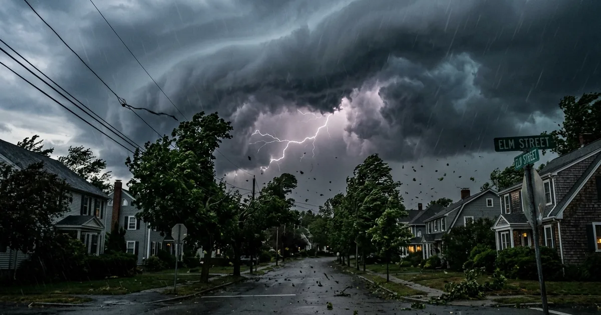 Dramatic severe thunderstorm with lightning and wind-bent trees approaching a New England suburban street