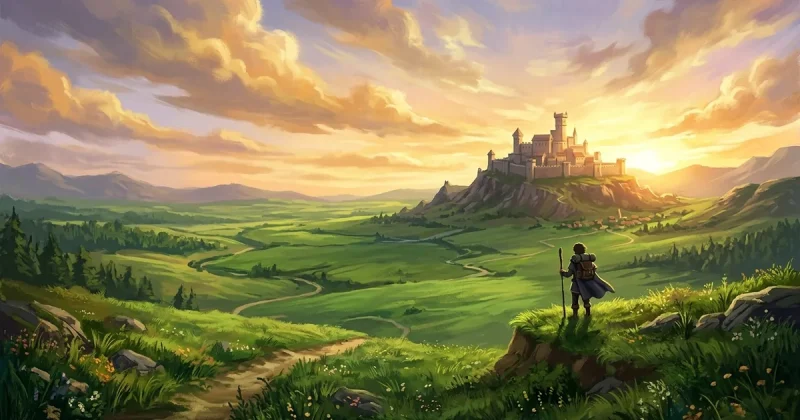 Painterly digital art of a vast green field stretching toward a castle on a distant hill under a golden dawn sky with a lone adventurer