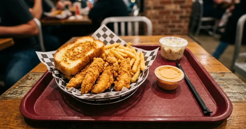 A fast food tray with chicken fingers, toast, sauce, and a container of coleslaw pushed to the side