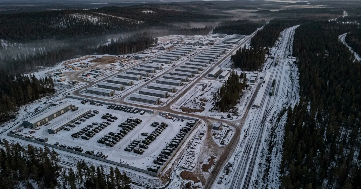 Aerial view of rows of new gray barracks, a fenced motor pool of military vehicles, and fresh rail sidings in a snowy northern forest at dusk