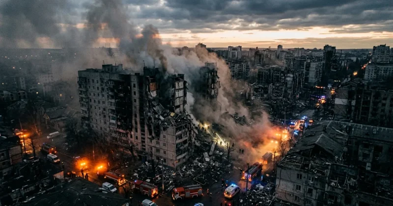 Devastated apartment building with smoke rising and emergency rescue lights at dawn after Russian aerial assault