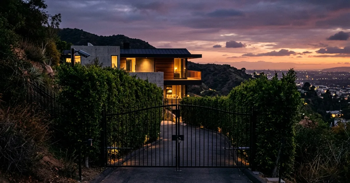 Gated modern home in the Hollywood Hills at sunset with hedges and iron gate