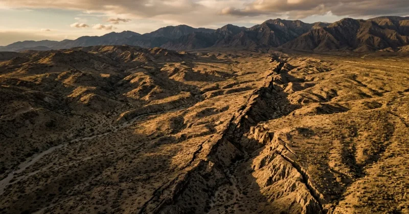 Dramatic aerial view of a geological fault line cutting through Southern California desert terrain at golden hour