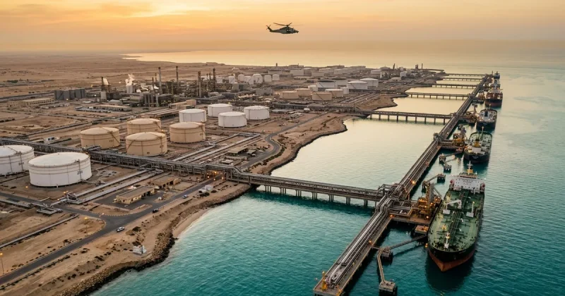Aerial view of the Ras Tanura oil terminal complex on the Saudi Arabian Gulf coast with a helicopter in the sky above storage tanks and loading jetties at dawn