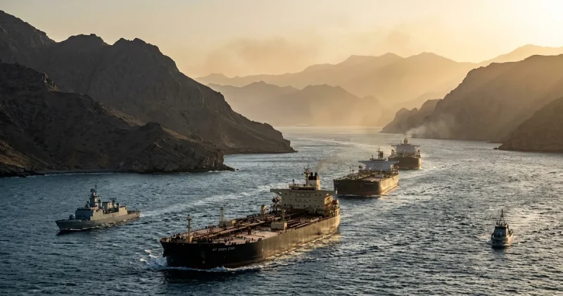 Three crude oil supertankers sailing single file through the narrow Strait of Hormuz at golden hour with naval patrol vessels and rugged coastlines
