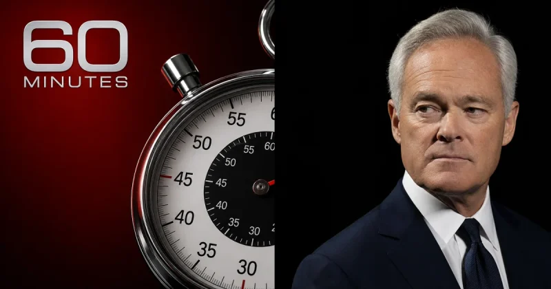 Split image: the 60 Minutes stopwatch logo on the left and correspondent Scott Pelley on the right