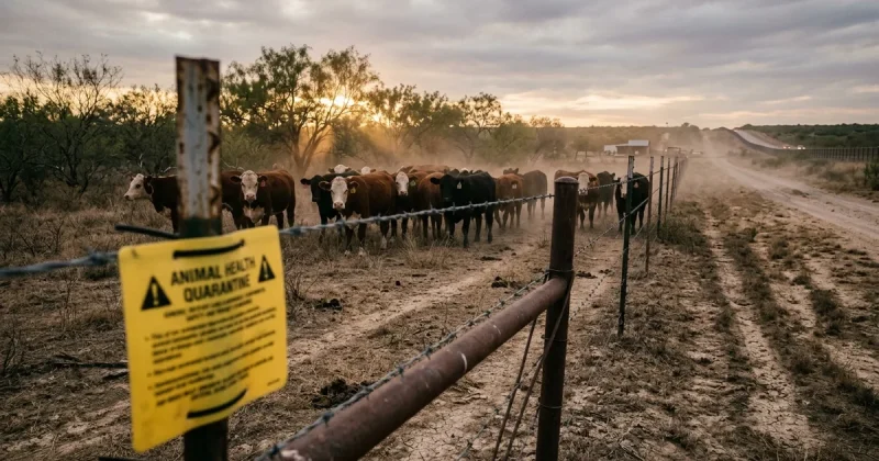 Beef cattle behind a barbed-wire fence with a yellow animal-health quarantine sign on a dusty South Texas ranch at dusk, a dirt road running toward the border in the haze
