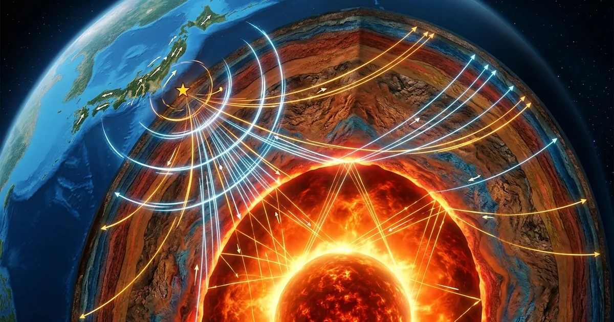 Cross-section visualization of Earth showing seismic waves traveling to the core and bouncing back toward Japan