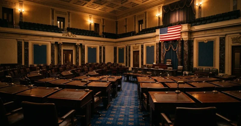 Empty United States Senate chamber with American flag, moody amber lighting