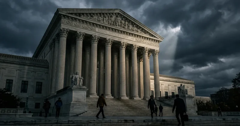 The United States Supreme Court building in Washington under a dark, breaking storm sky as people climb the marble steps