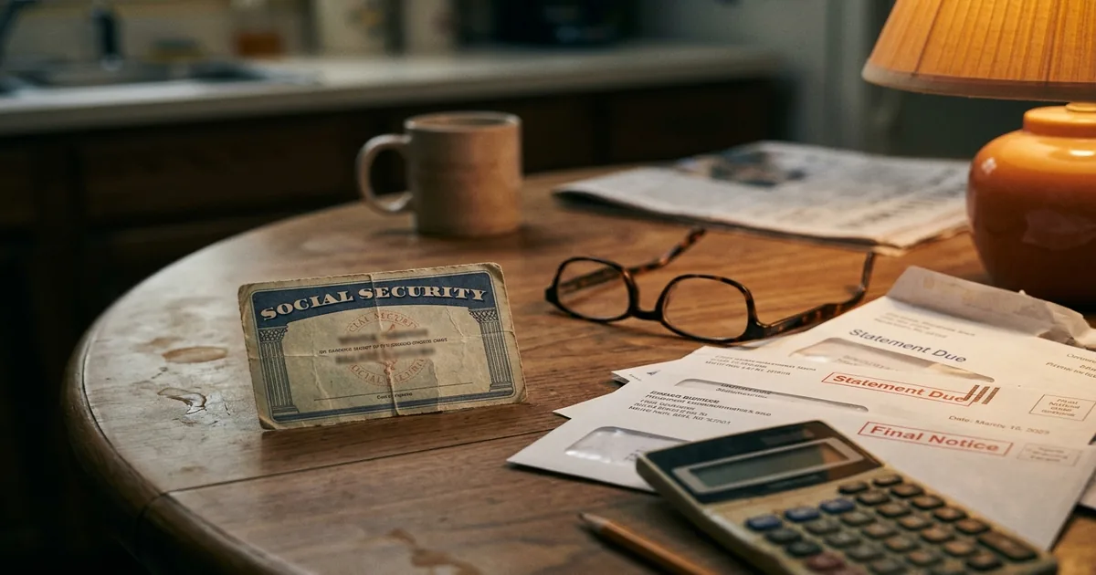 A worn Social Security card on a kitchen table next to bills, a calculator, and reading glasses representing retirement financial anxiety