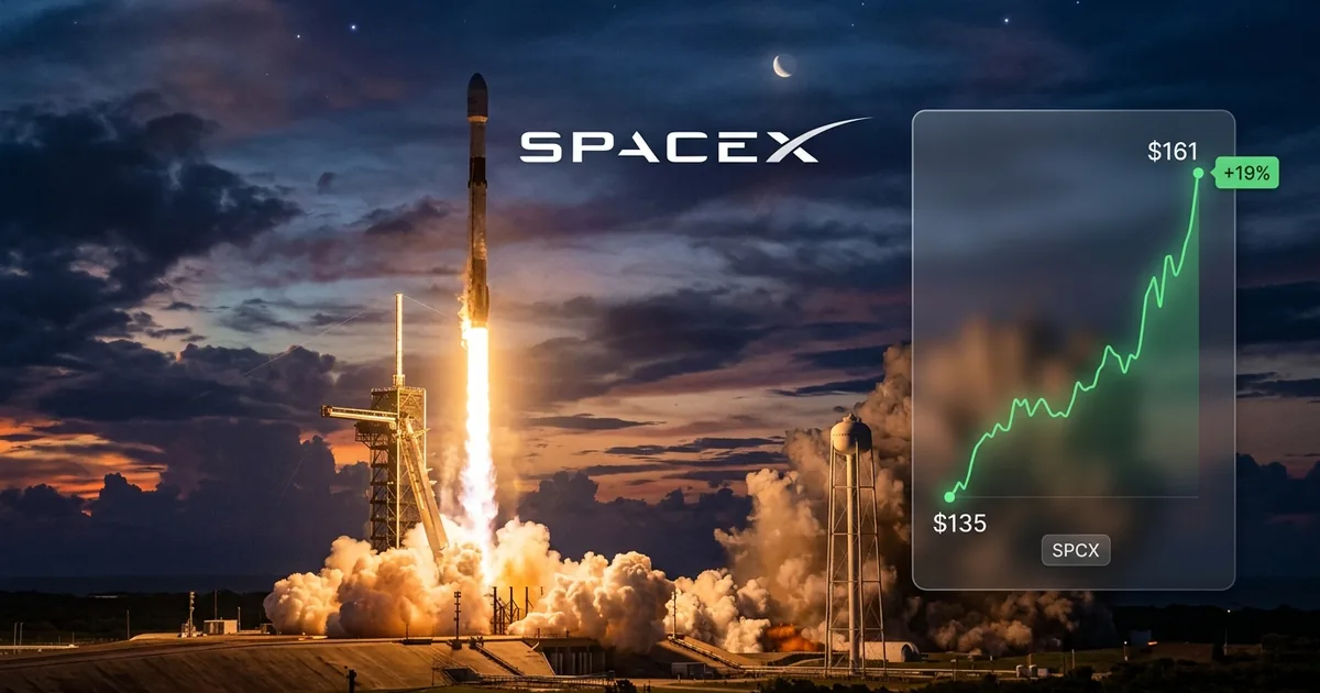 A SpaceX Falcon 9 rocket launching at dusk under the SpaceX wordmark beside a green stock chart climbing from 135 to 161 dollars with a plus 19 percent SPCX tag
