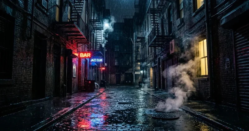 Rain-soaked New York City alley at night with neon bar signs reflecting in puddles and steam rising