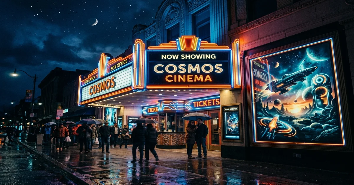 Cinematic movie theater marquee at night with neon lights and sci-fi themed poster display