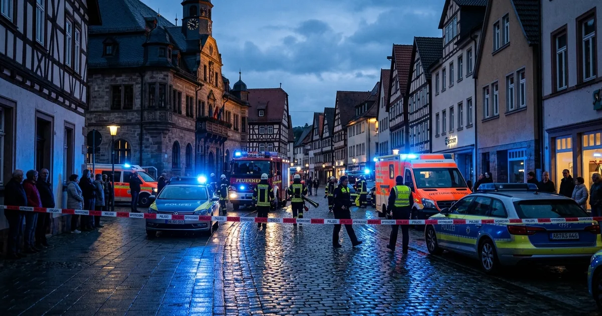 Emergency vehicles with blue lights and police tape on a cobblestone street in a German town at dusk