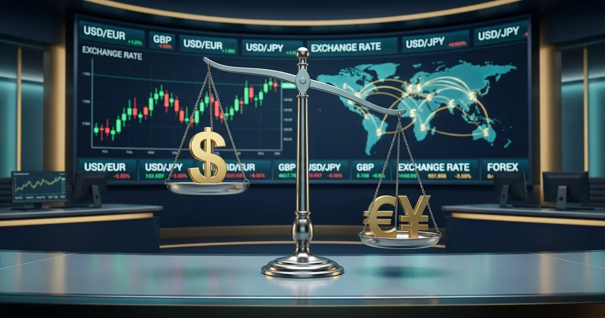 A balance scale weighing a gold US dollar symbol against the euro and Japanese yen, set against a foreign-exchange dashboard of candlestick charts and exchange-rate tickers