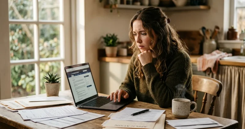 Young woman at kitchen table reviewing student loan documents on laptop with papers scattered around