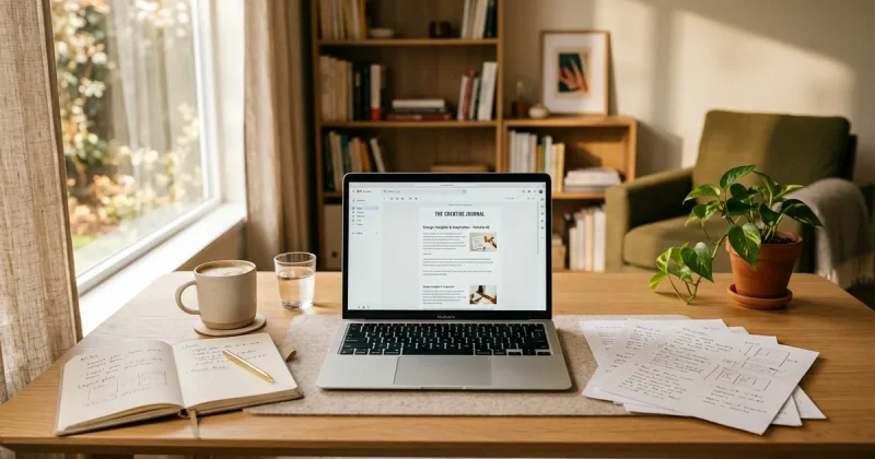 Minimalist desk workspace with a laptop displaying a newsletter interface, coffee, and scattered papers in warm natural light