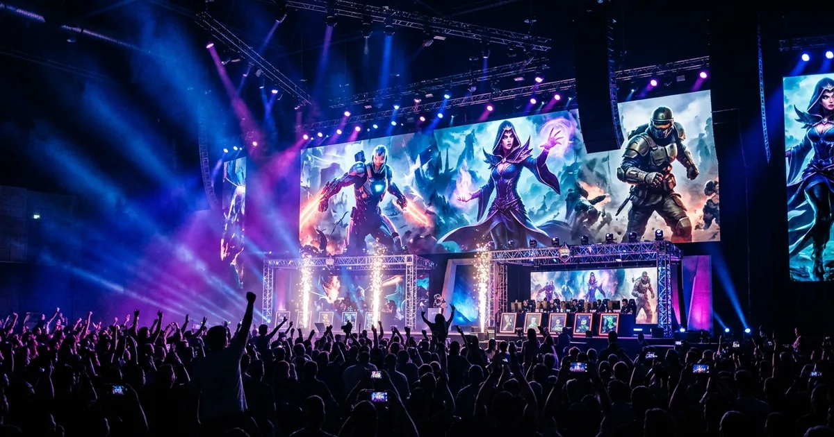 A massive gaming convention stage with blue and purple LED lighting, giant screens displaying video game characters, and an excited crowd