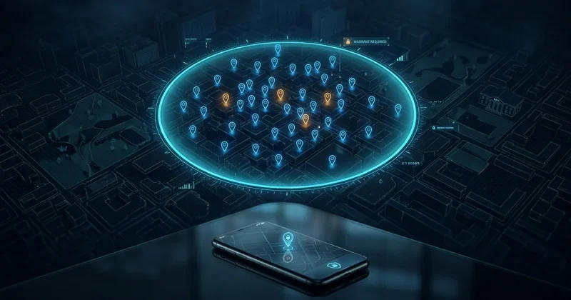 A glowing cyan geofence ring drawn over a dark digital city map, dozens of location pins inside it representing tracked phones, with a single smartphone showing a location pin and a lock icon in the foreground