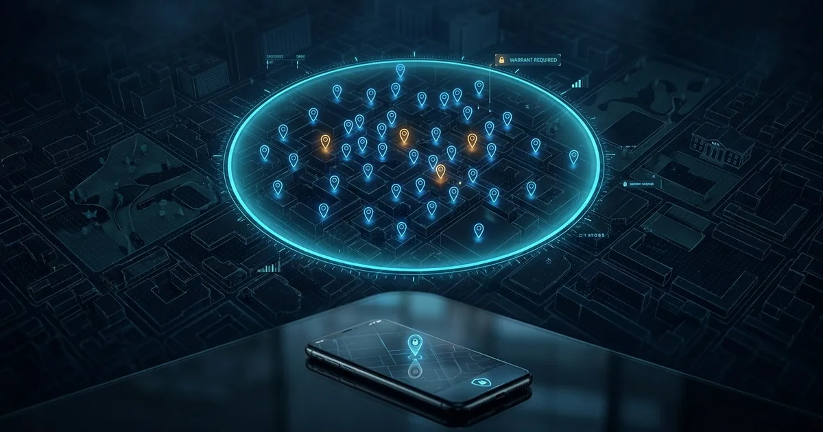 A glowing cyan geofence ring drawn over a dark digital city map, dozens of location pins inside it representing tracked phones, with a single smartphone showing a location pin and a lock icon in the foreground