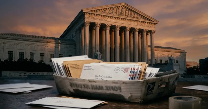 A USPS mail tray filled with absentee ballot envelopes on a table in front of the United States Supreme Court building at sunset