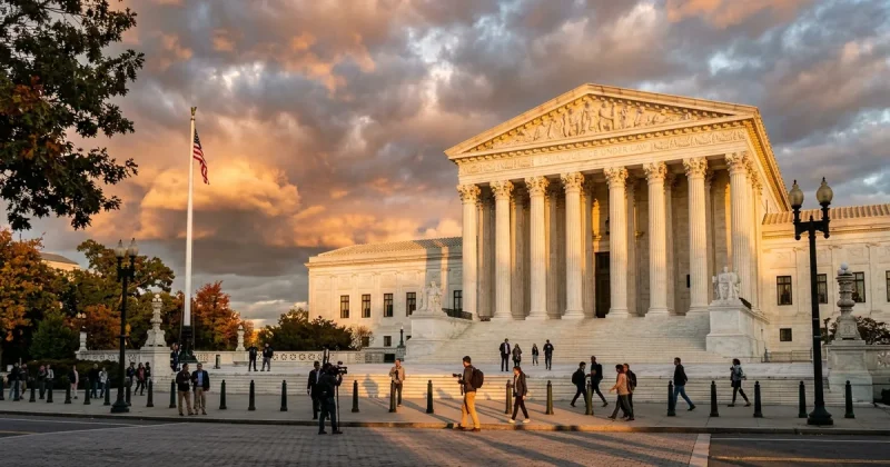 The United States Supreme Court building facade at golden hour with dramatic clouds and visitors on the front plaza