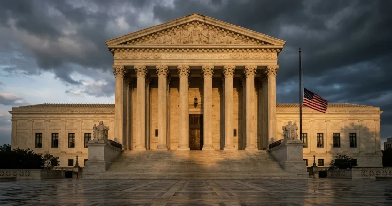 The United States Supreme Court west facade lit by late golden light under dark storm clouds, the Equal Justice Under Law pediment inscription visible above the columns