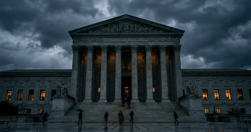 The United States Supreme Court building in Washington DC under dramatic stormy skies with warm amber light glowing from interior windows