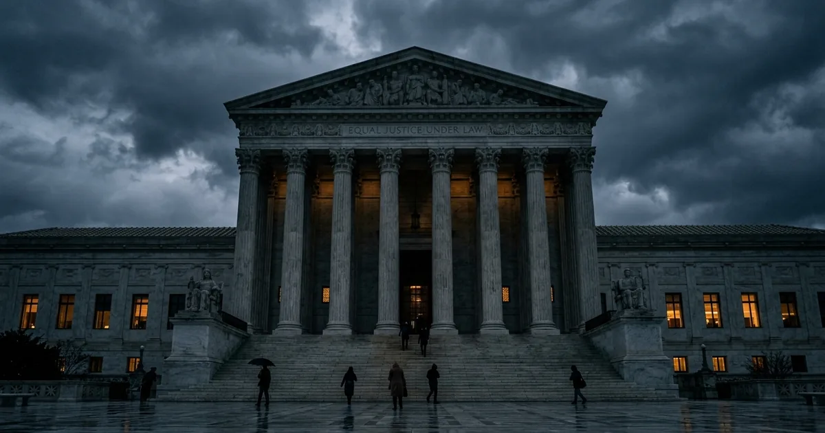 The United States Supreme Court building in Washington DC under dramatic stormy skies with warm amber light glowing from interior windows