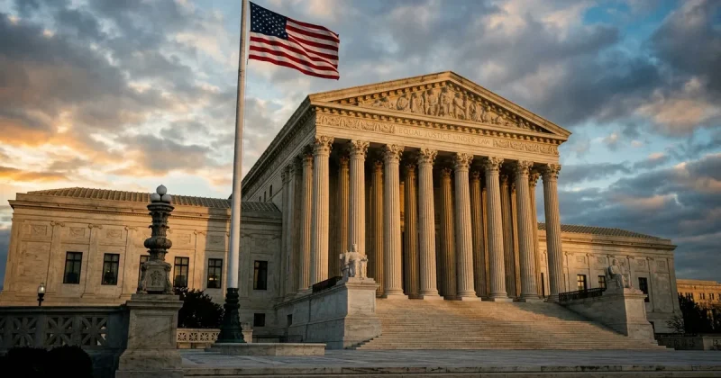 The United States Supreme Court building in Washington DC bathed in golden light with the American flag waving