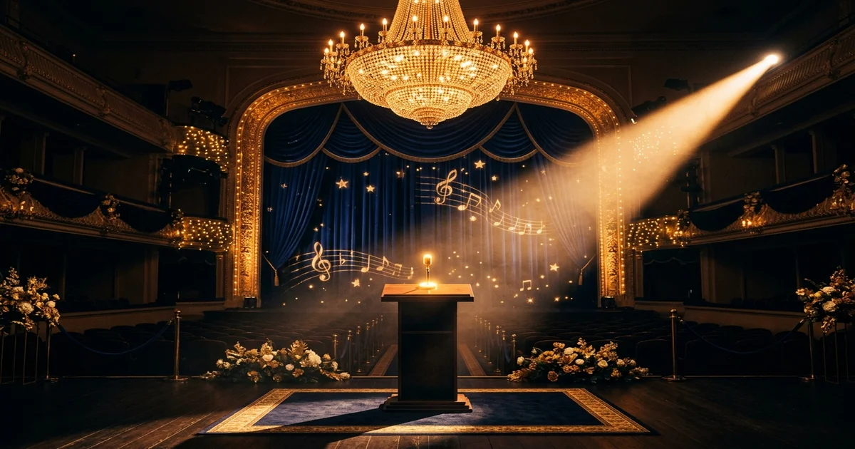 Elegant award ceremony stage with golden chandelier and spotlight illuminating a podium