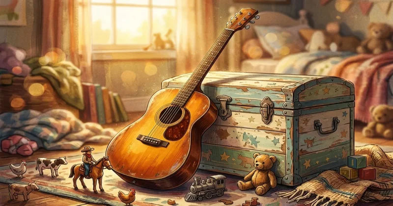 An acoustic guitar leaning against a vintage toy chest with toy figurines in warm golden-hour light