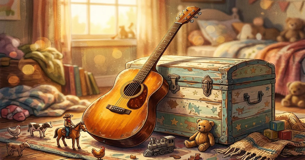 An acoustic guitar leaning against a vintage toy chest with toy figurines in warm golden-hour light